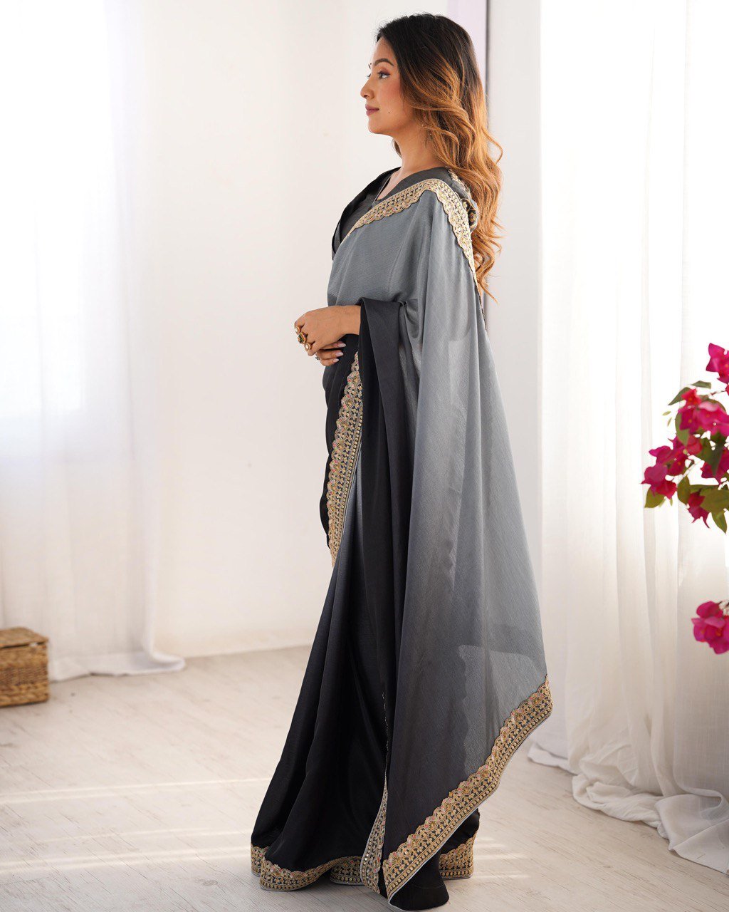Women's Elegant Ombre Green Georgette Saree with Intricate Golden Zari & Stone Embellishments – Complete with Heavily Worked Blouse for Festive & Wedding Wear - Image 6